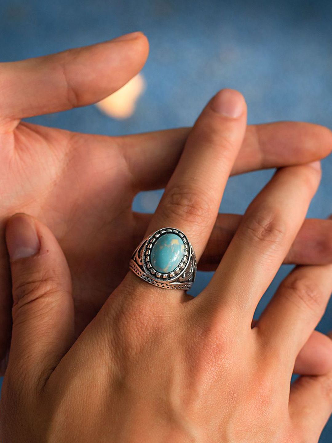 Silver-Plated Stone-Studded Adjustable Finger Ring