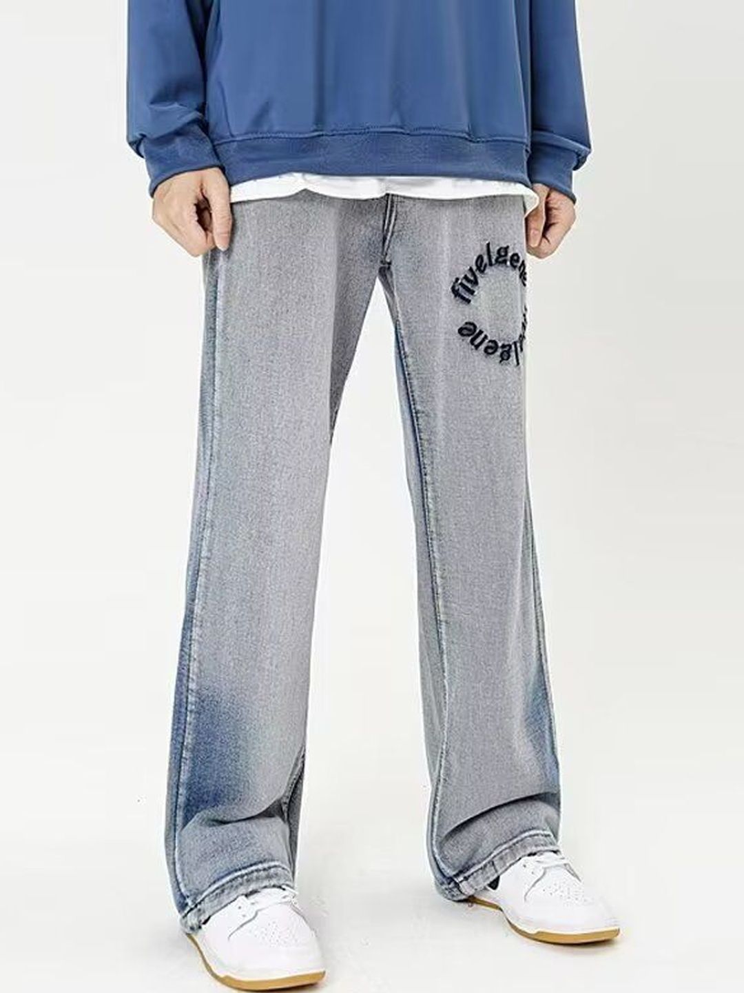 Men Wide Leg Mid-Rise Medium Shade Jeans