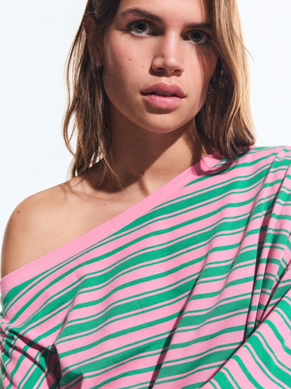 Printed asymmetric neck long sleeve T-shirt