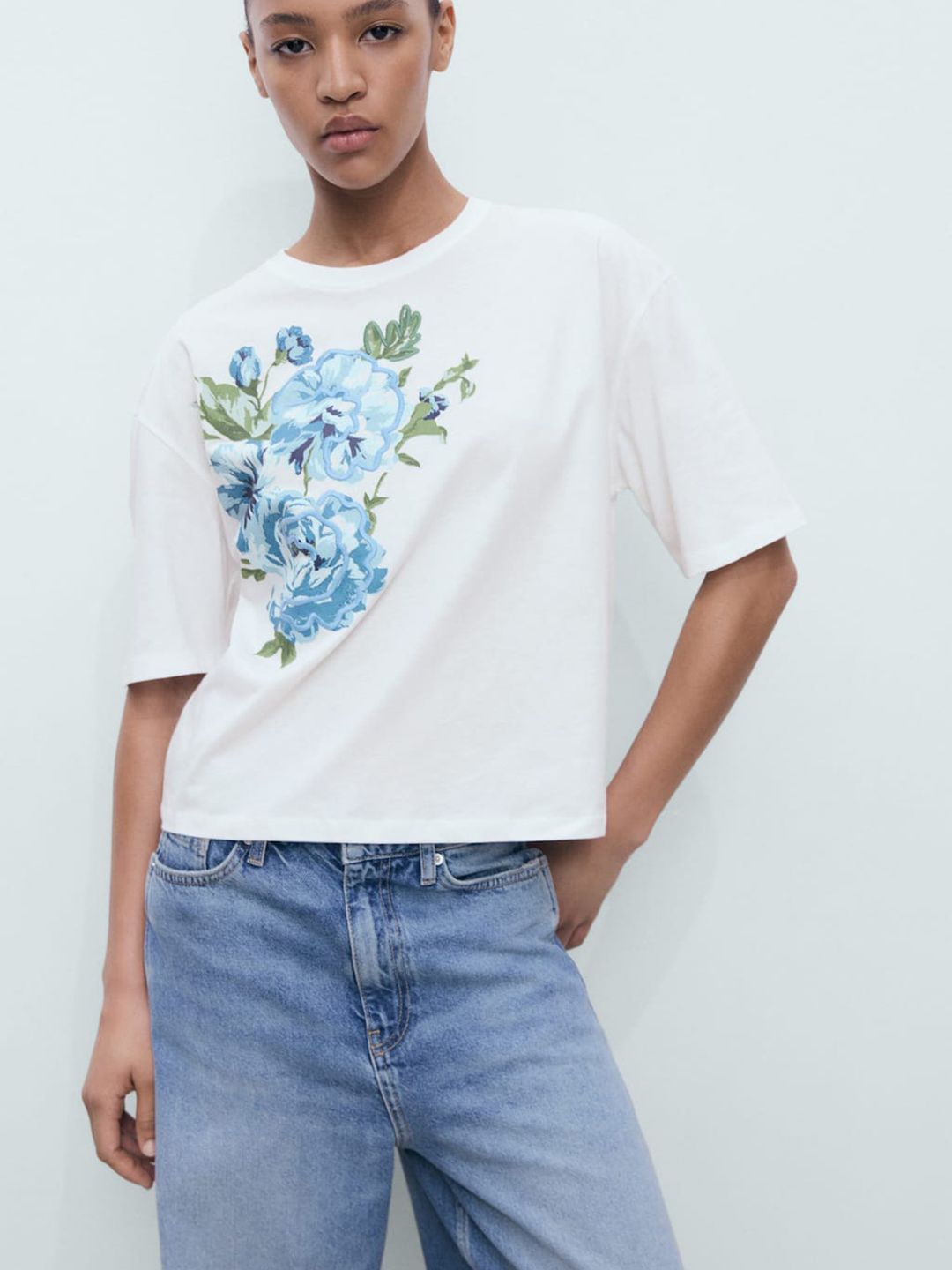 Women Floral Printed Drop-Shoulder Sleeves Pure Cotton T-shirt