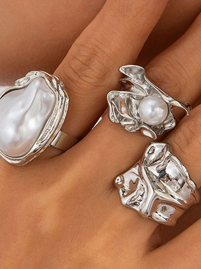 Set of 3 Silver-Plated Pearl-Studded Finger Ring