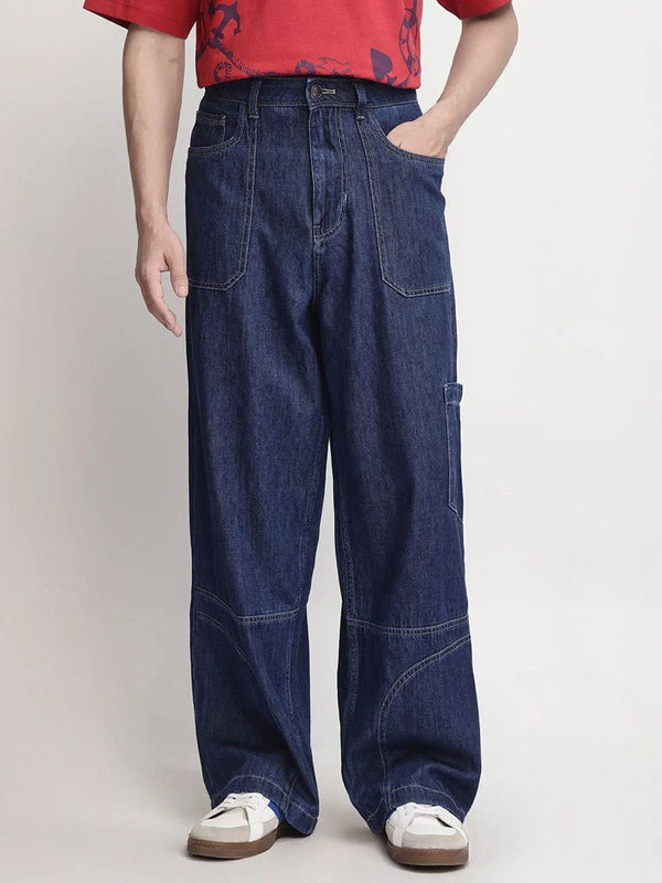 Mens Blue Plain Baggy Fit Mid Rise Casual Jeans