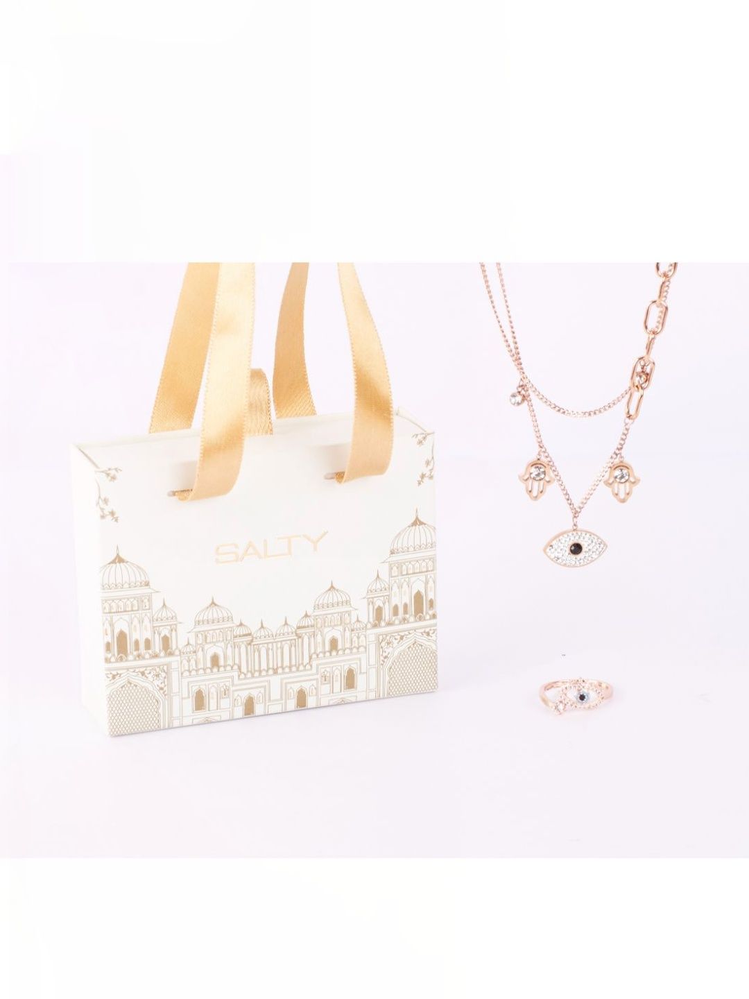 SALTY Evil Eye Hamsa Layered Necklace & Cute Evil Eye Ring Jewellery Set