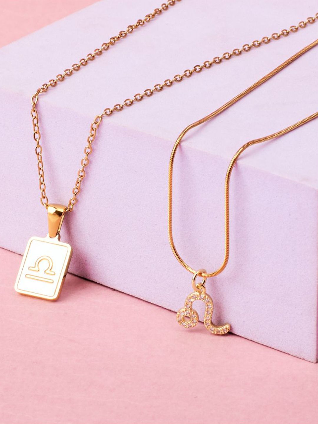 SALTY Set Of 2 Stones-Studded Libra & Leo Pendants With Chains
