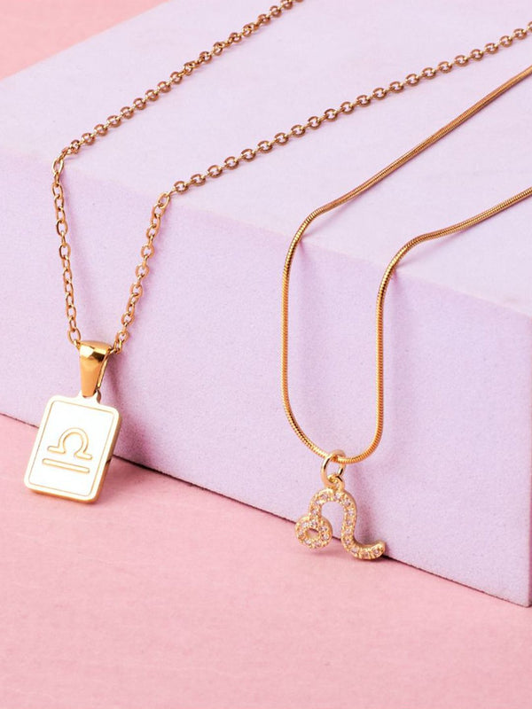 SALTY Set Of 2 Stones-Studded Libra & Leo Pendants With Chains