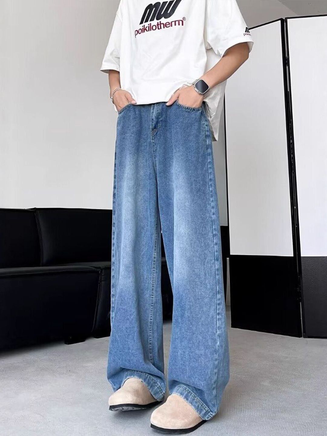 Men Wide Leg Mid-Rise Heavy Fade Jeans