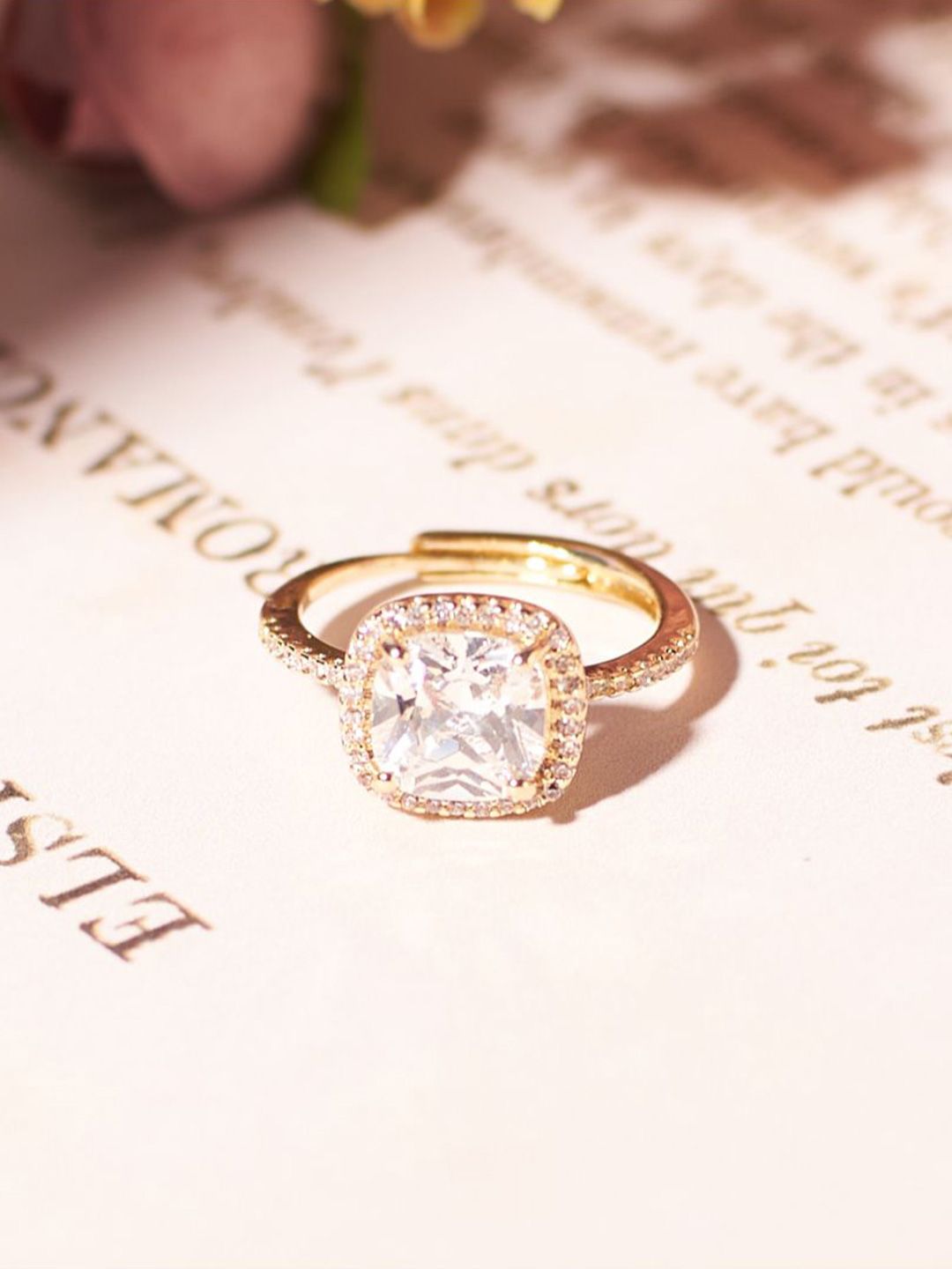 SALTY Gold Shimmering Artificial Stones Studded Cushion-Cut Ring For Women & Girls