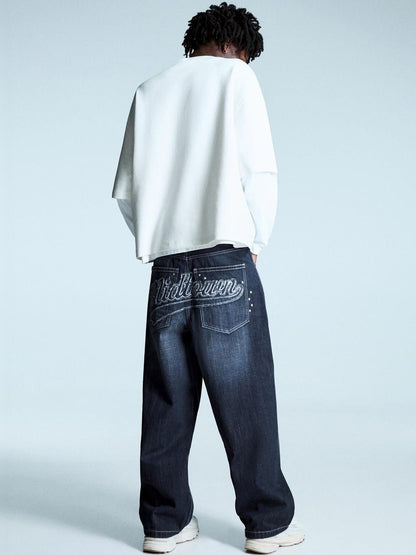Men Super baggy studded patch jeans