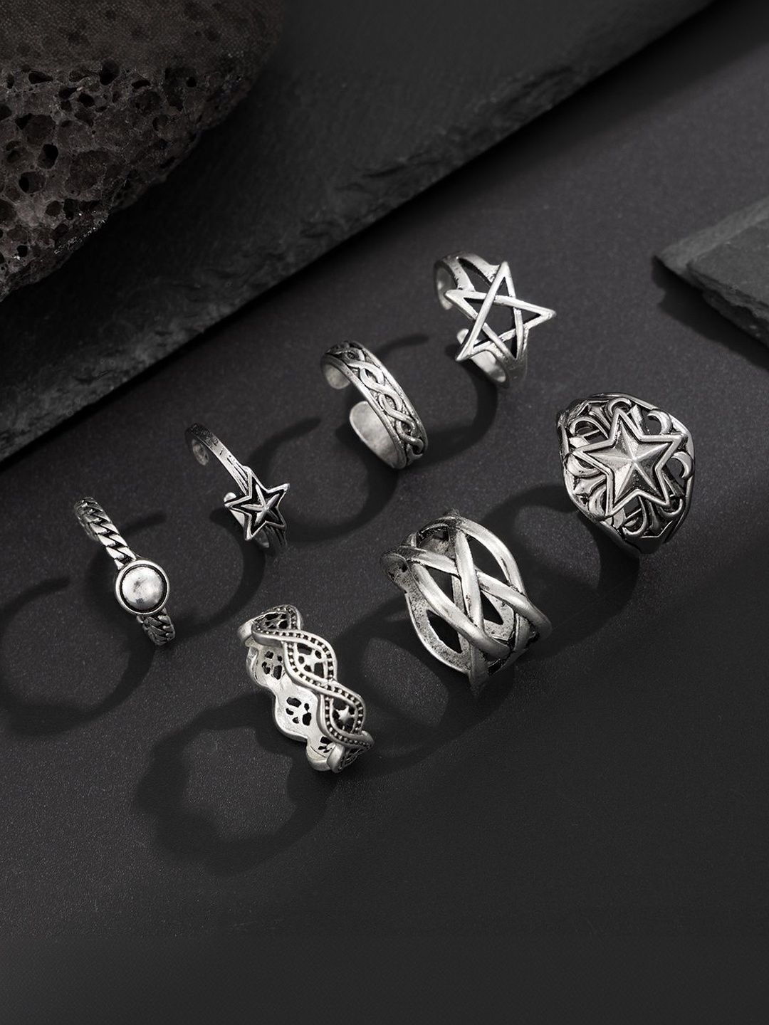 Men Set Of 7 Silver-Plated Finger Ring