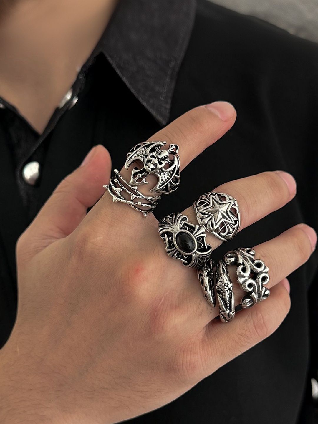 Men Set Of 6 Silver-Plated Finger Rings