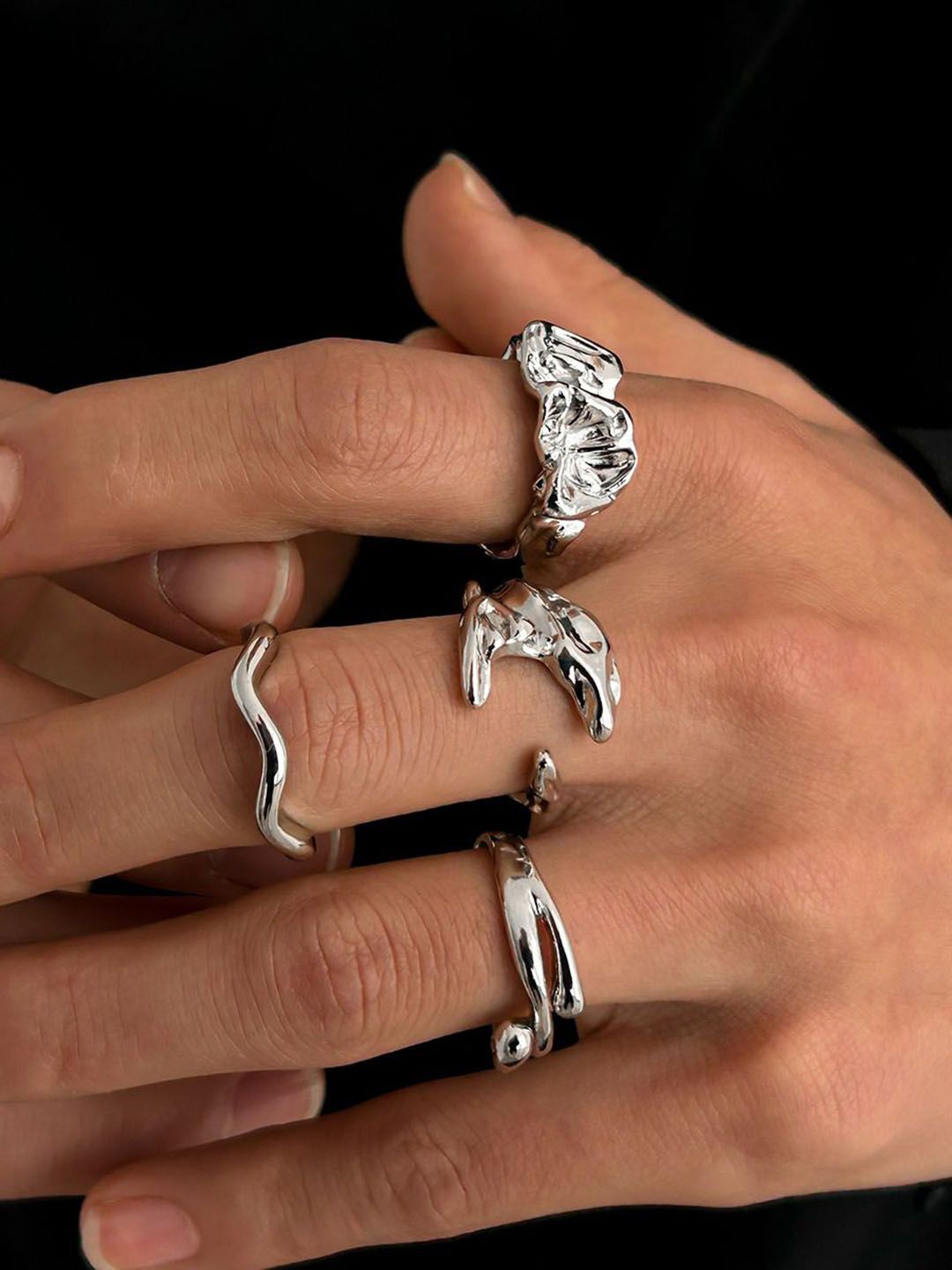 Men Set Of 4 Sliver-Plated Adjustable Finger Rings