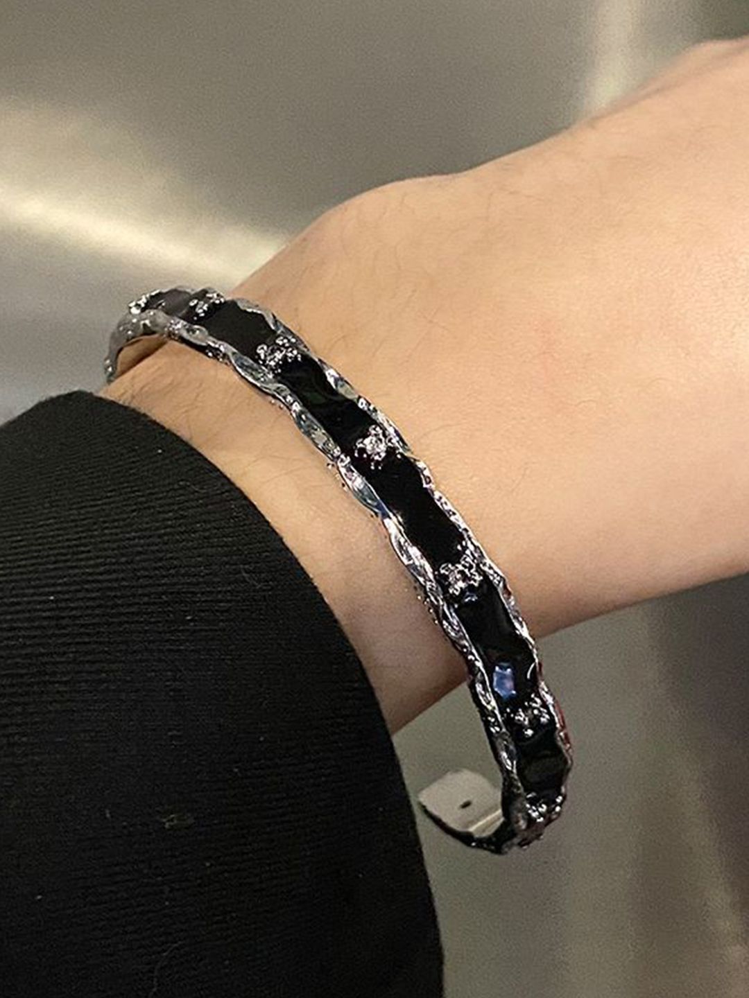 Men Stainless Steel Silver-Plated Artificial Stones Cuff Bracelet
