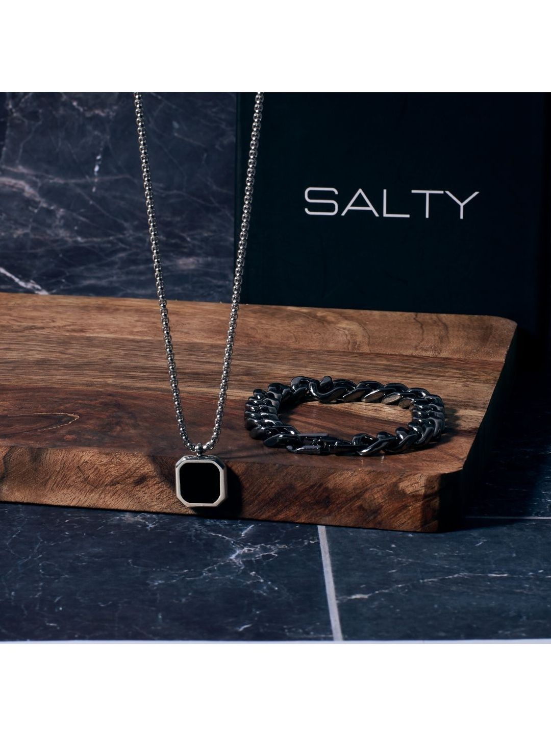 SALTY Midnight Charisma Chain & Hades Classic Silver Thick Bracelet Jewellery Set
