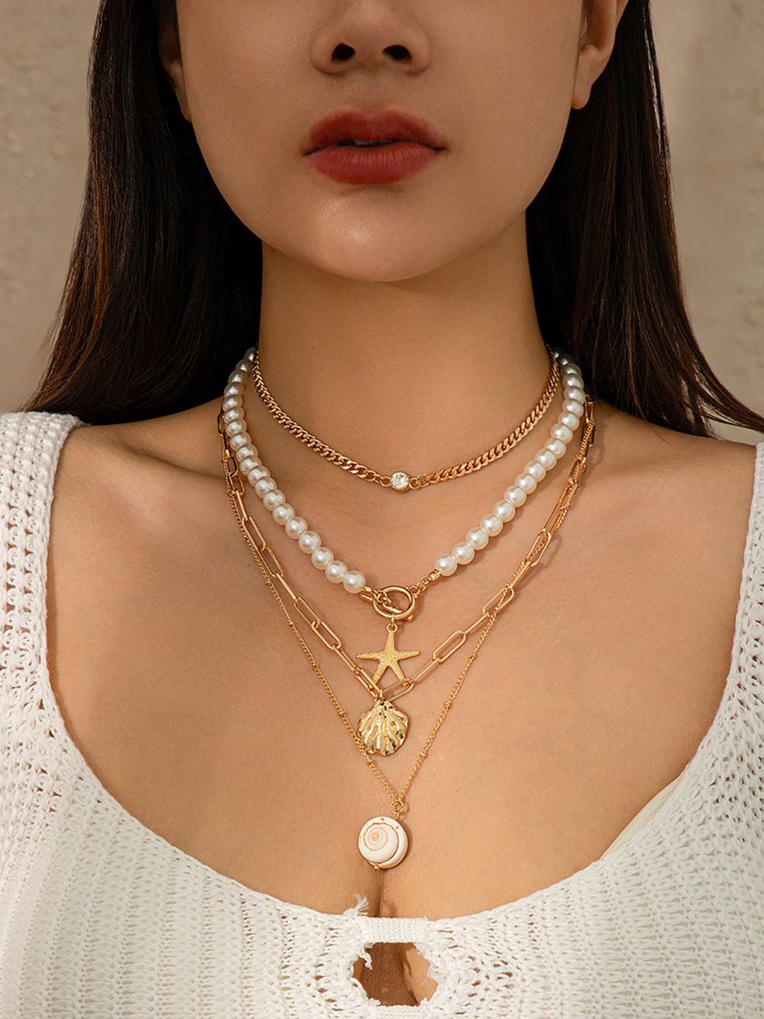 White Gold-Plated Pearls Studded Layered Chain