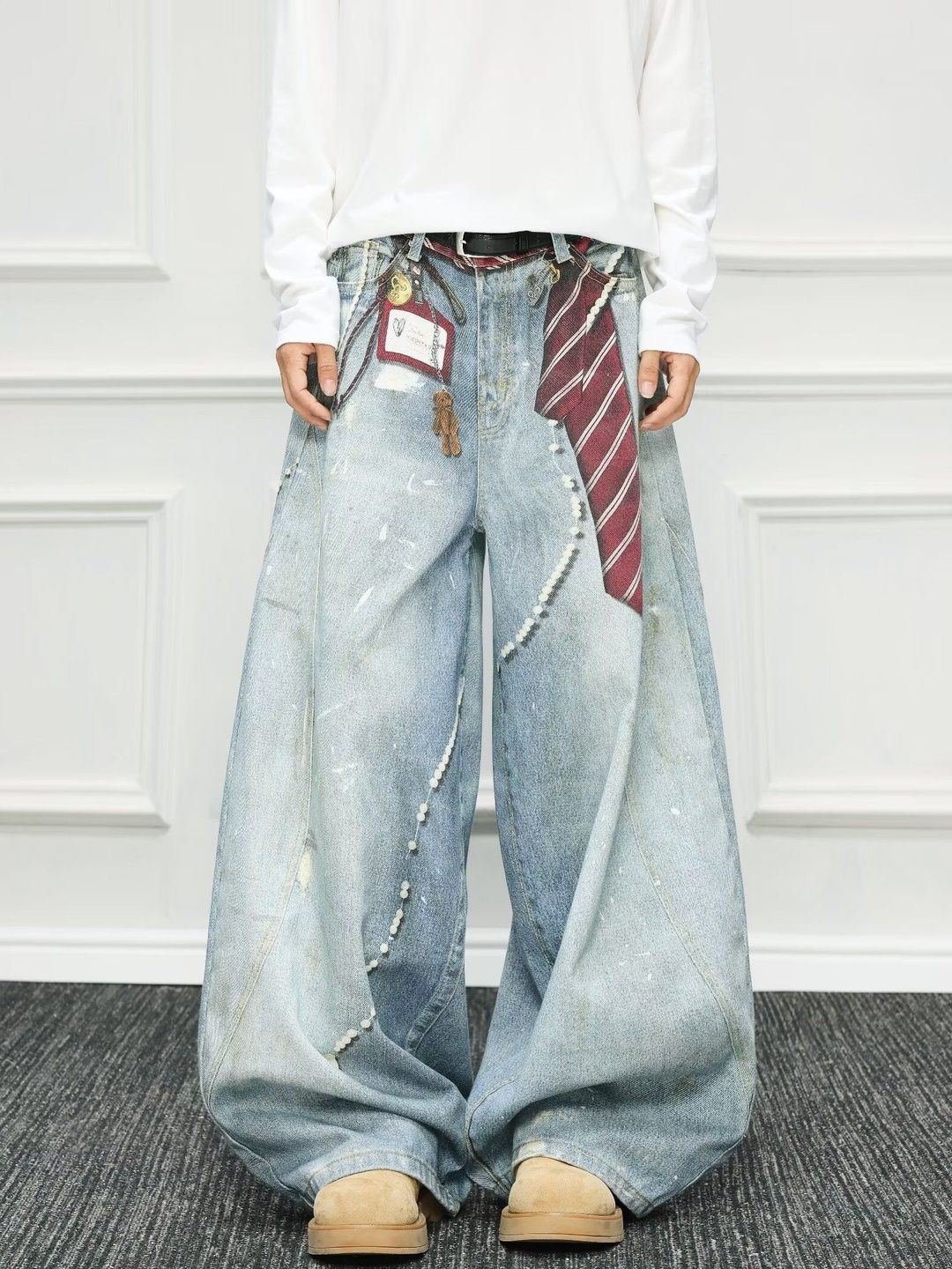 Men Wide Leg Mid-Rise Light Fade Printed Jeans