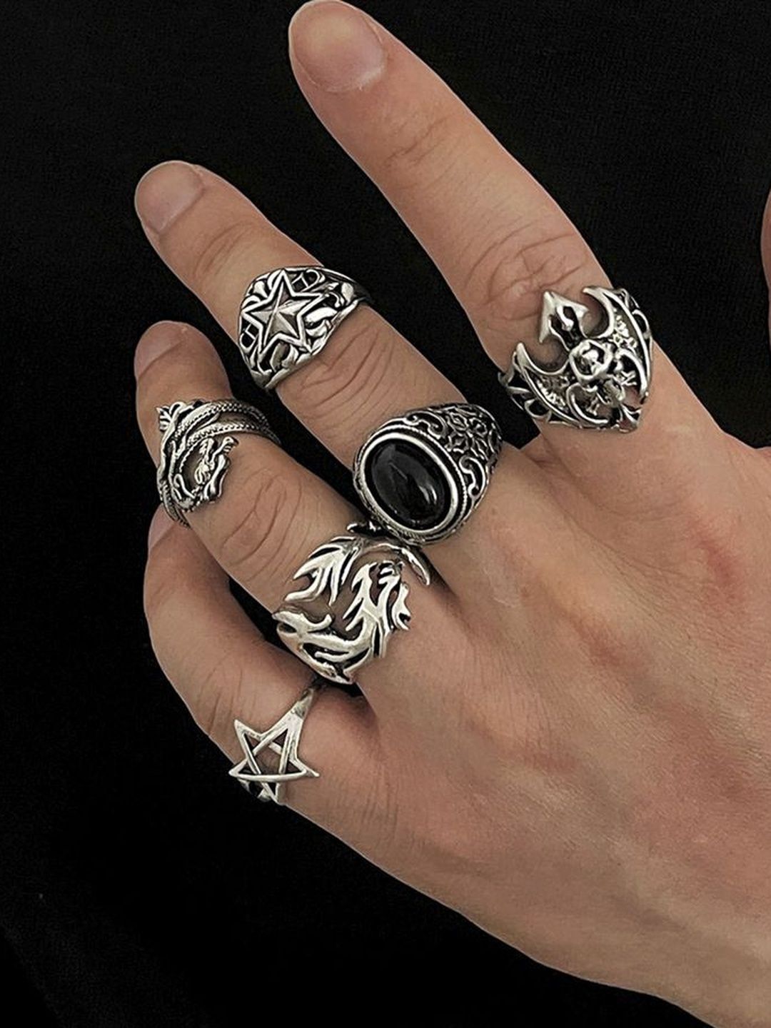 Men Set Of 6 Silver-Plated Finger Ring