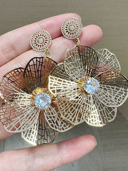 Gold-Plated Zircon Studded Floral Shaped Drop Earrings