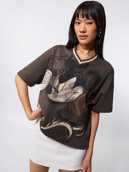Women Mickey Mouse Printed V-Neck Drop-Shoulder Sleeves T-shirt