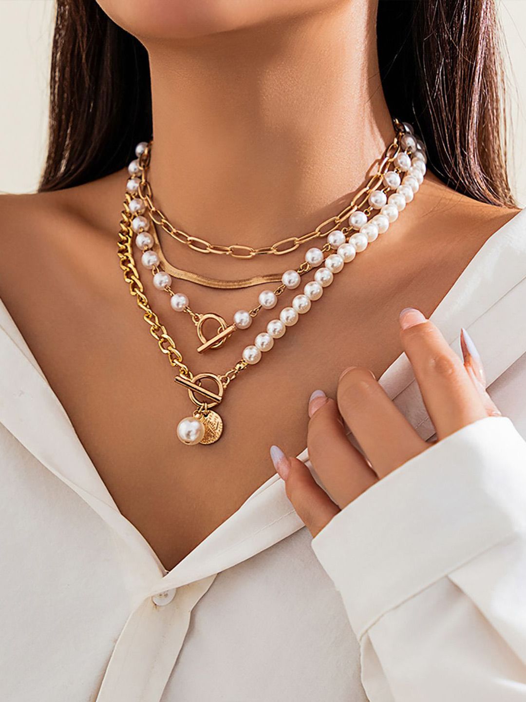 Set Of 4 Gold-Plated Beaded Layered Chain