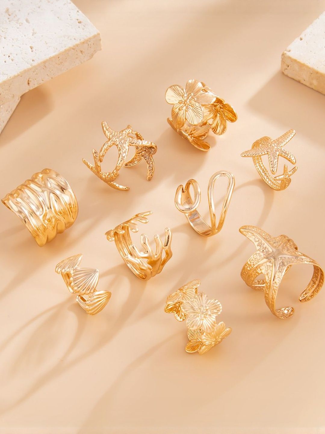 Women Set Of 9 Gold-Plated Finger Rings