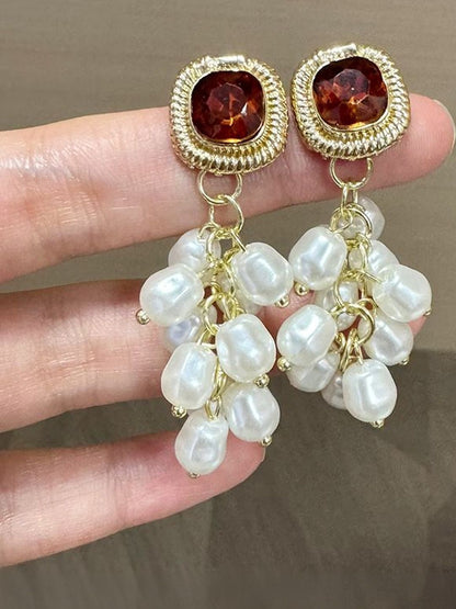 Gold-Plated Artificial Studded and Beaded Drop Earrings