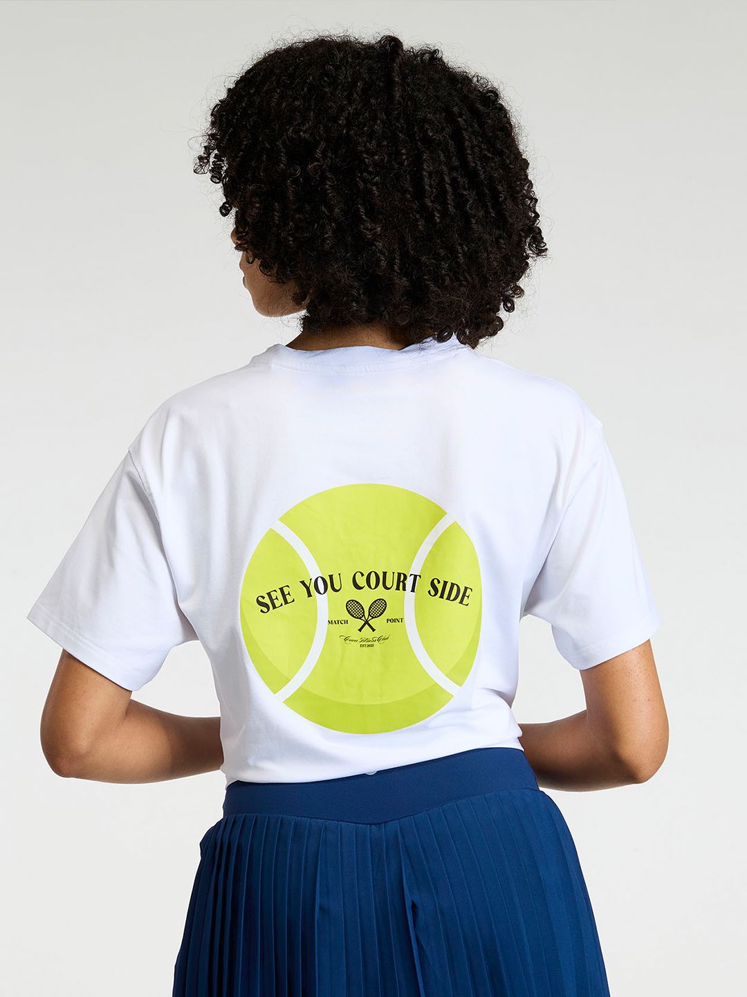 Women White Courtside Oversized Printed Cotton-Spandex Tee