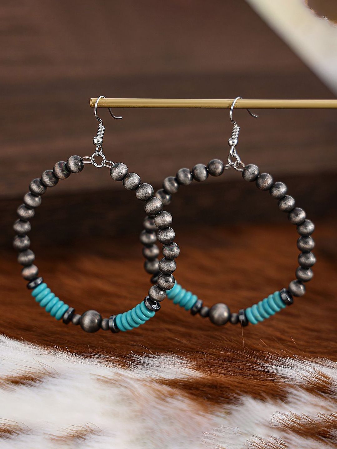 Silver-Plated Artificial Beaded Circular Shaped Drop Earrings