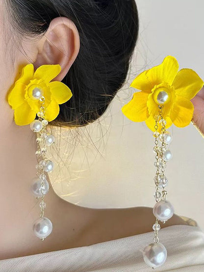 Floral Artificial Stones and Beads Drop Earrings