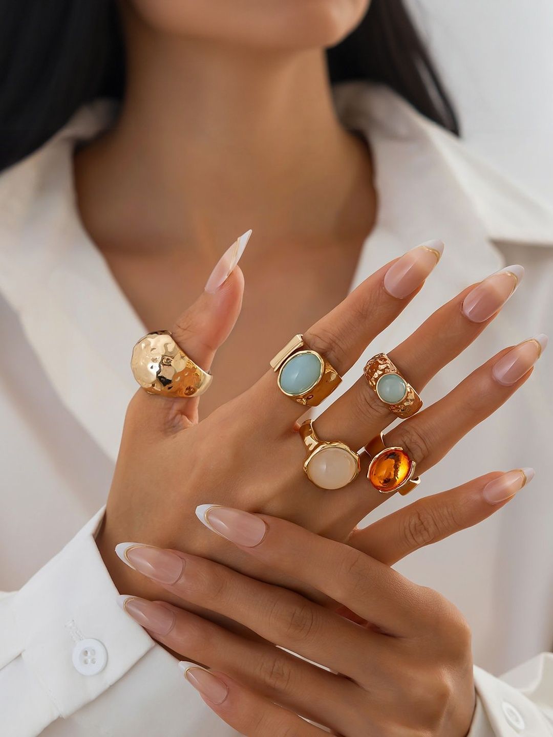 Set Of 5 Gold-Plated Stone Studded Finger Ring