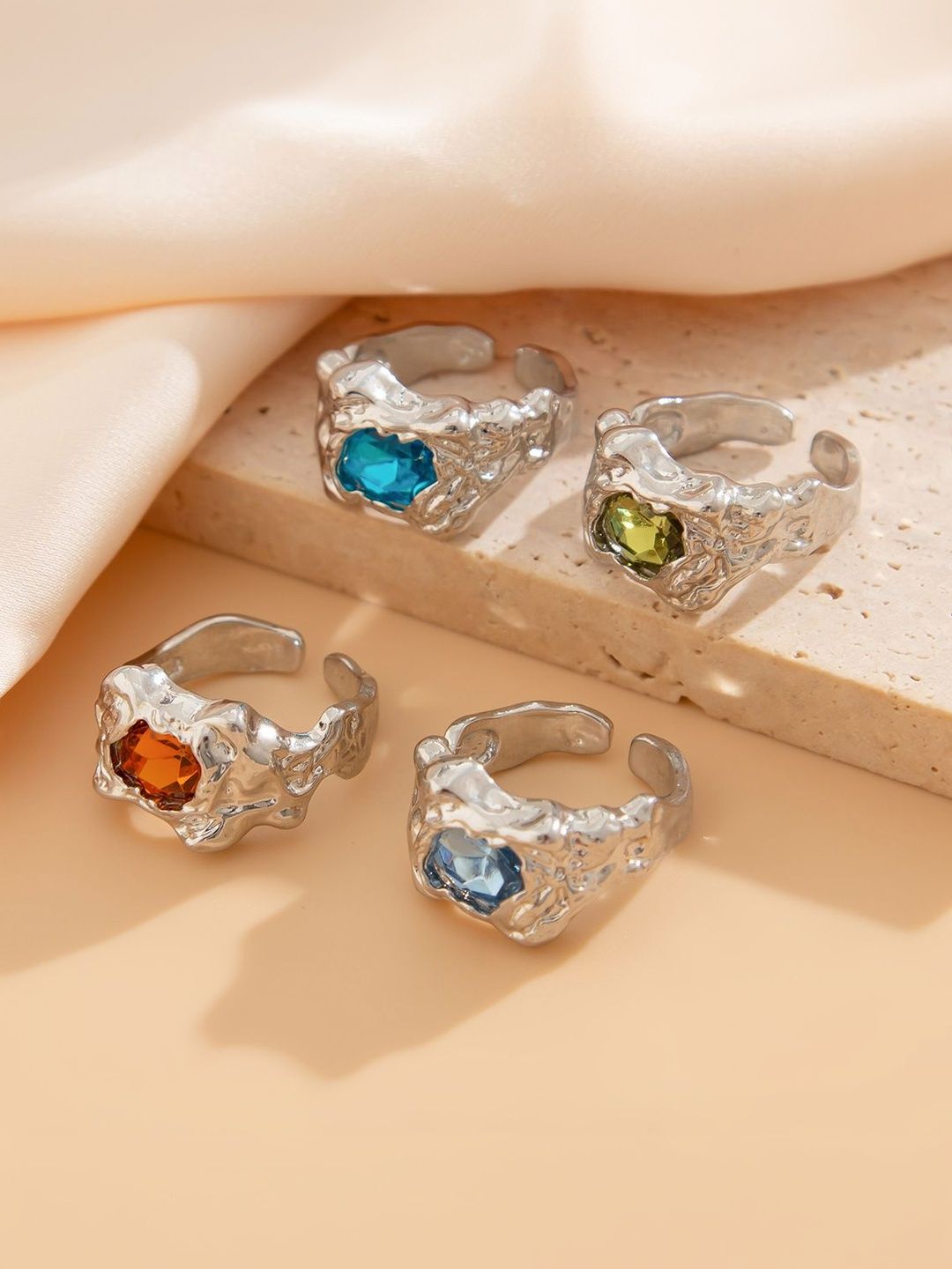 Men Set Of 4 Silver-Plated Stone-Studded Finger Ring