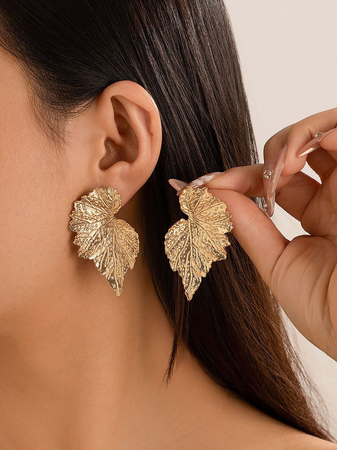 Gold-Plated Leaf Shaped Chunky Drop Earrings