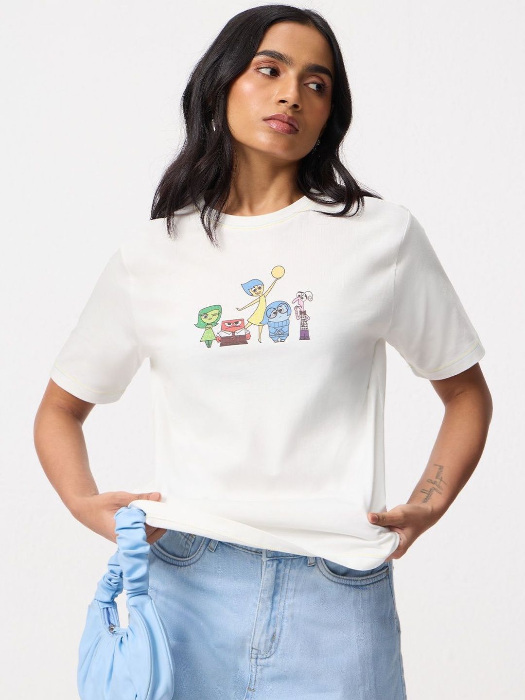 Women Relaxed Fit Inside Out Printed Off White T-Shirts