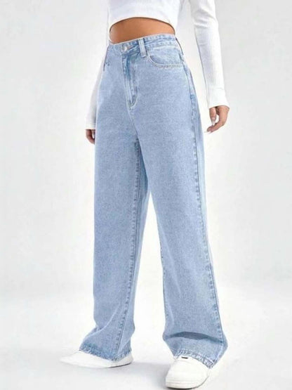 Women Classic Wide Leg High-Rise Light Fade Stretchable Jeans
