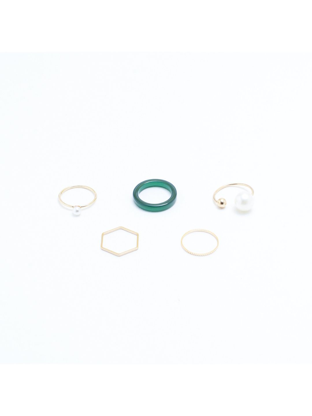 SALTY Set Of 5 Emerald Pearl Stylish Adjustable Finger Ring