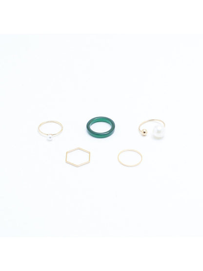 SALTY Set Of 5 Emerald Pearl Stylish Adjustable Finger Ring