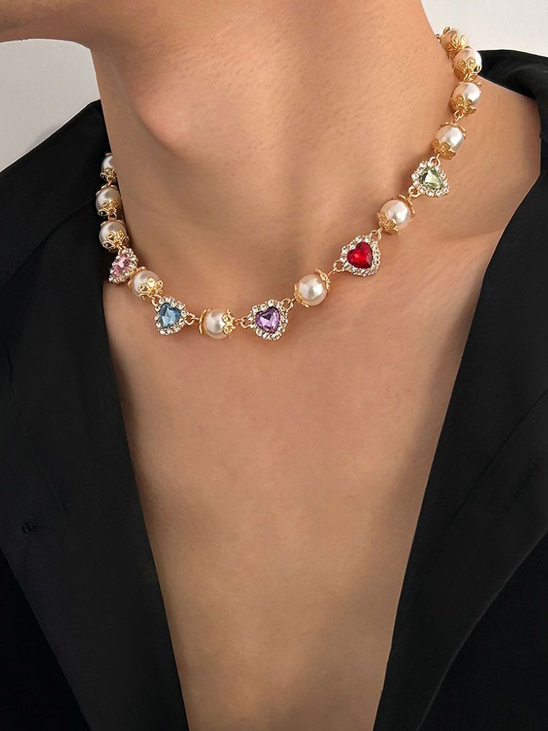 Gold-Plated Artificial Stones Studded And Beaded Necklace