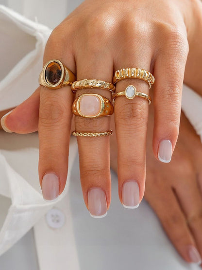 Set of 6 Gold-Plated Stone-Studded Finger Ring