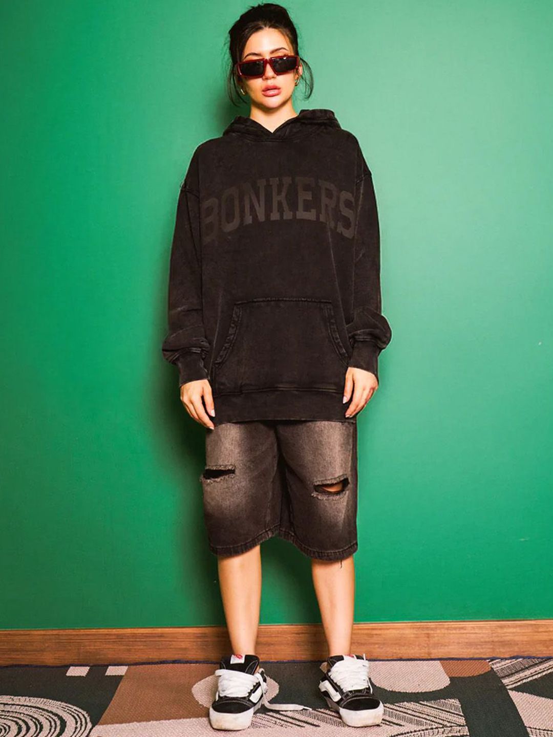 Women Faded Signature Printed Hooded Pullover Cotton Sweatshirt