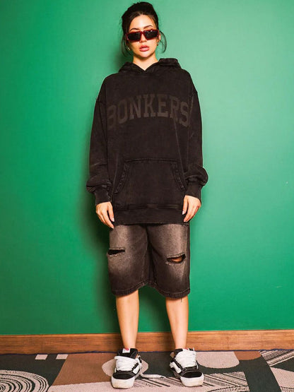 Women Faded Signature Printed Hooded Pullover Cotton Sweatshirt