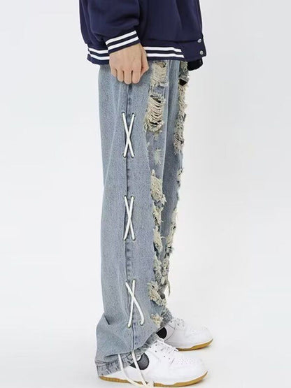 Men Baggy Fit Mid-Rise Highly Distressed Medium Shade Jeans