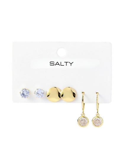 SALTY Gold-Plated Set Of 3 Contemporary Artificial Stone Studded Studs Earrings