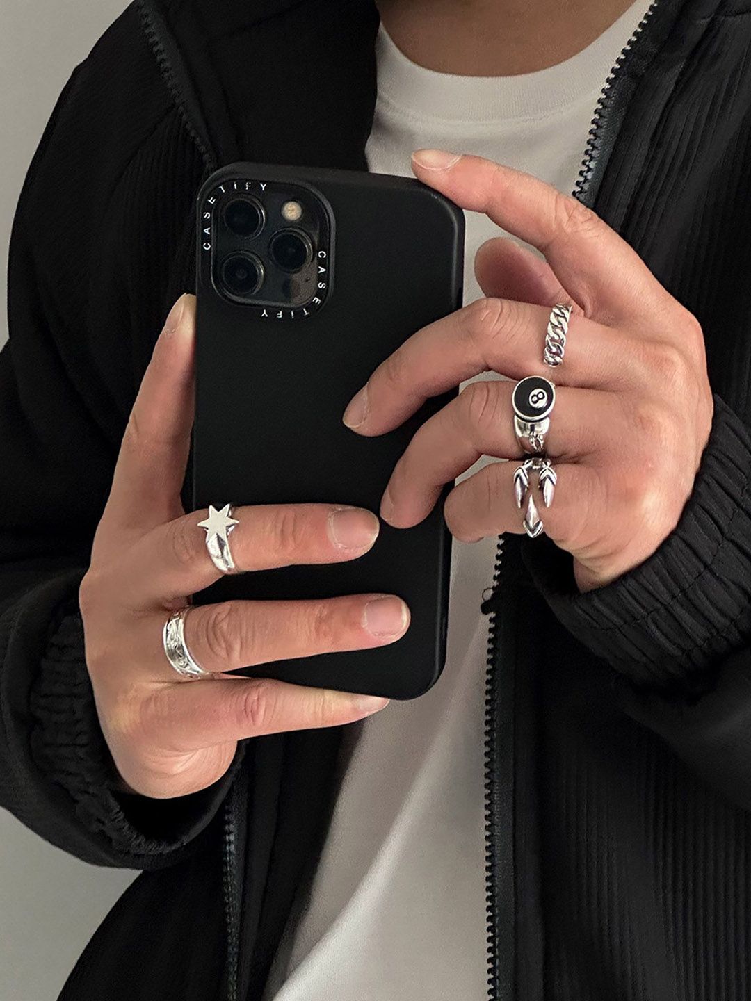 Set Of 5 Sliver-Plated Adjustable Finger Rings