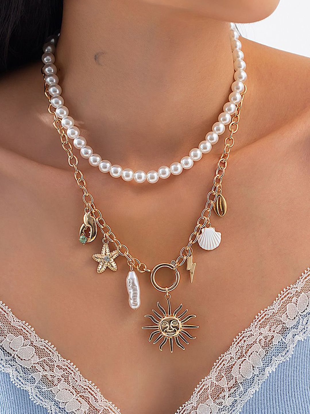 Set Of 2 Gold-Plated Stones Studded Statement Necklace & Chain