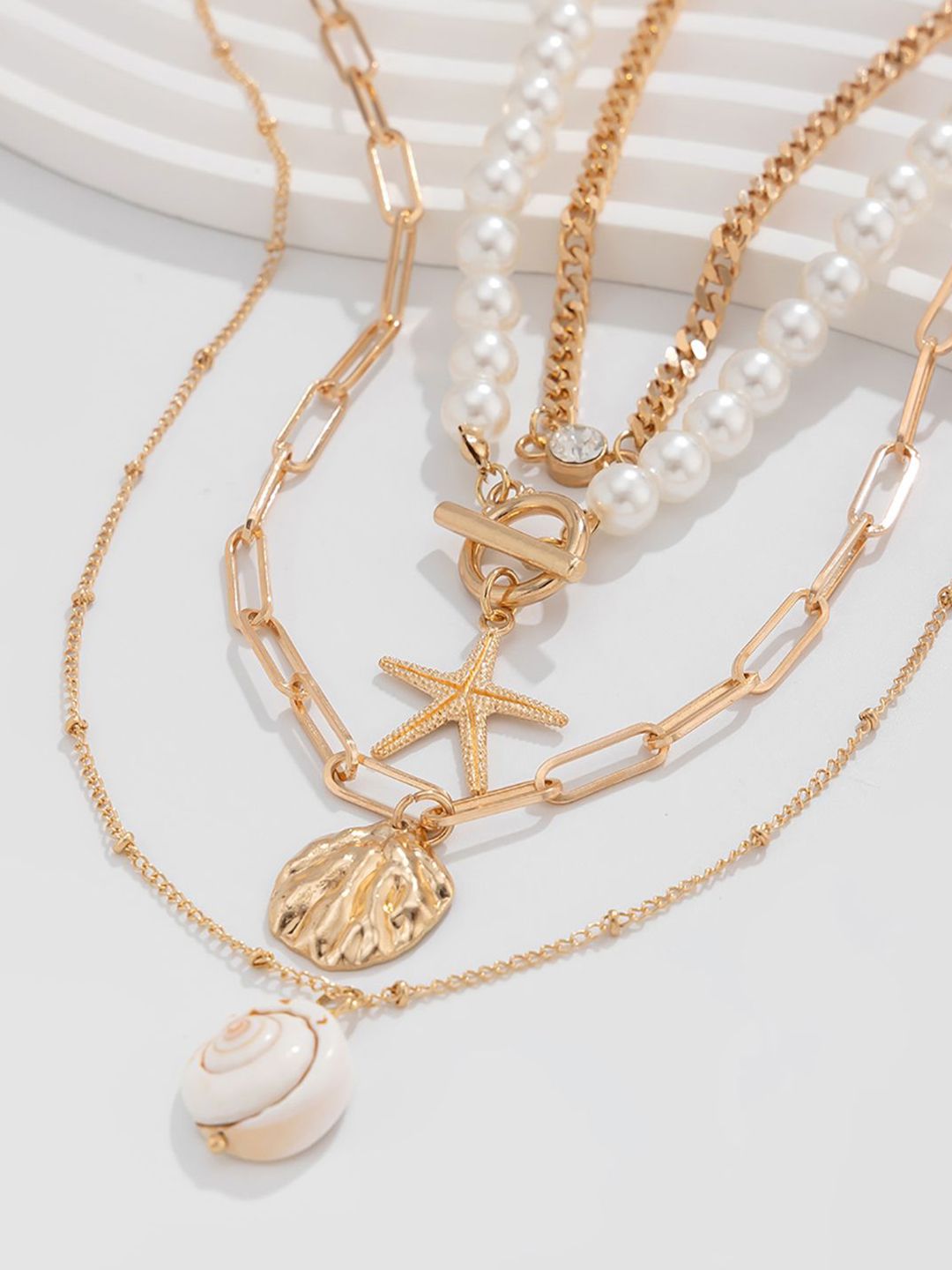 White Gold-Plated Pearls Studded Layered Chain