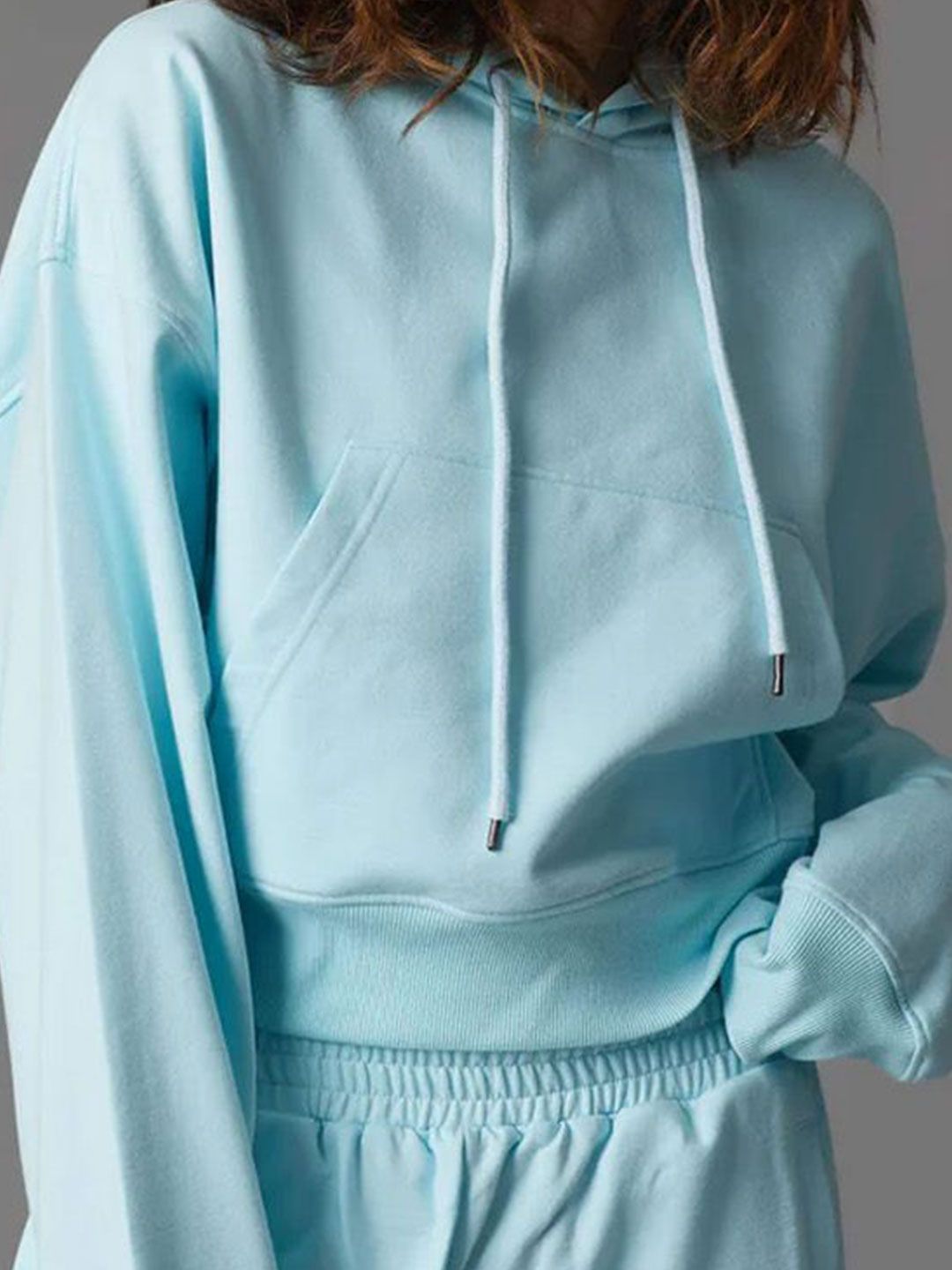 Women Blue Crop Hoodie Pullover Sweatshirt