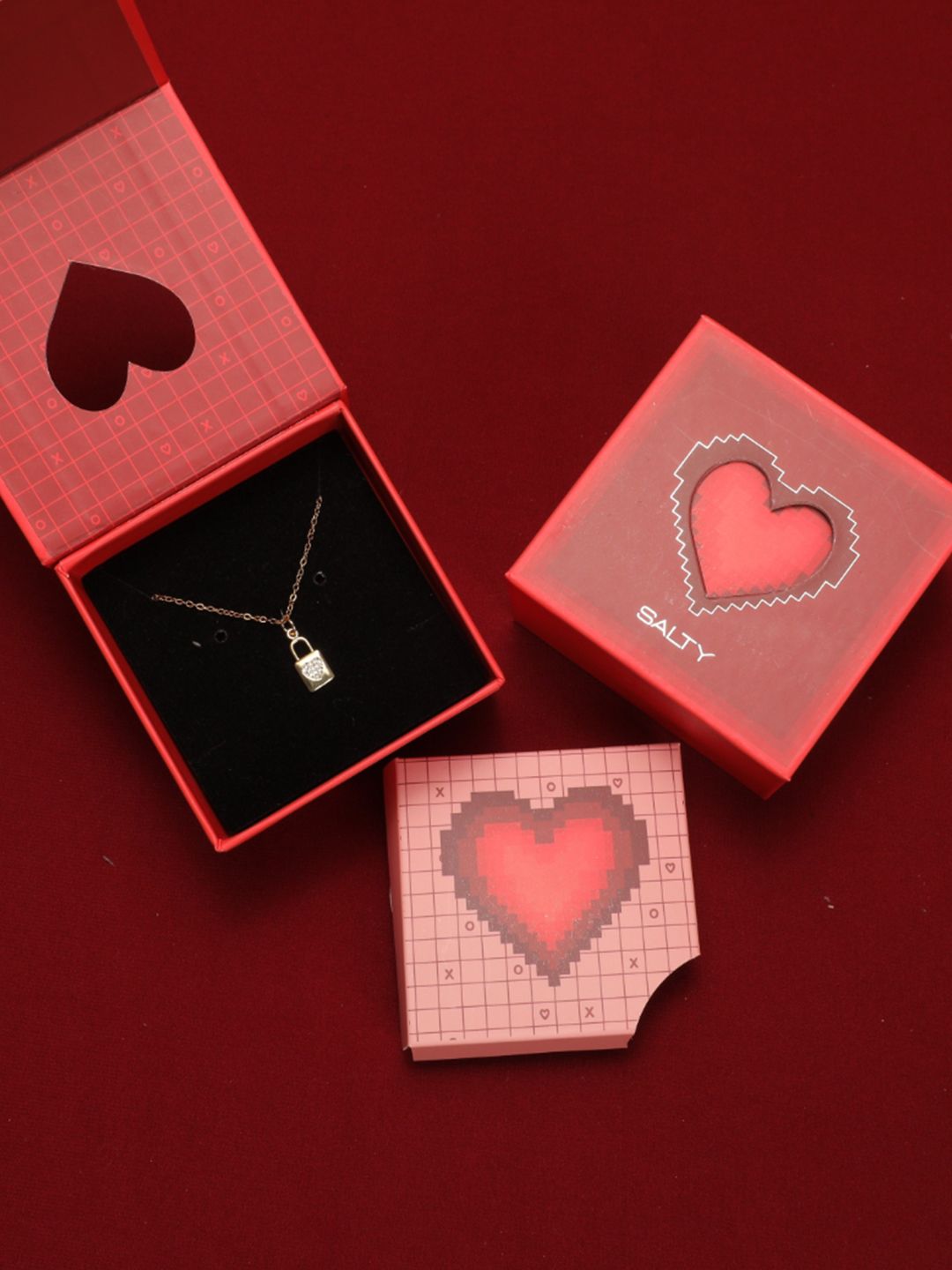 SALTY Stone Studded Stainless Steel Love Lock Charm Pendant & Chain Jewellery Accessories