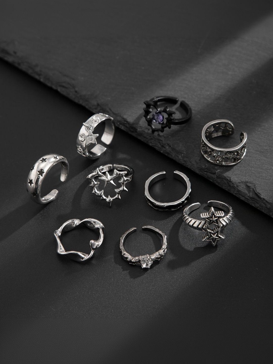 Men Set Of 9 Silver-Plated Finger Ring