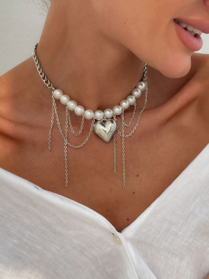 Silver-Plated Pearls Beaded Tasselled Statement Necklace