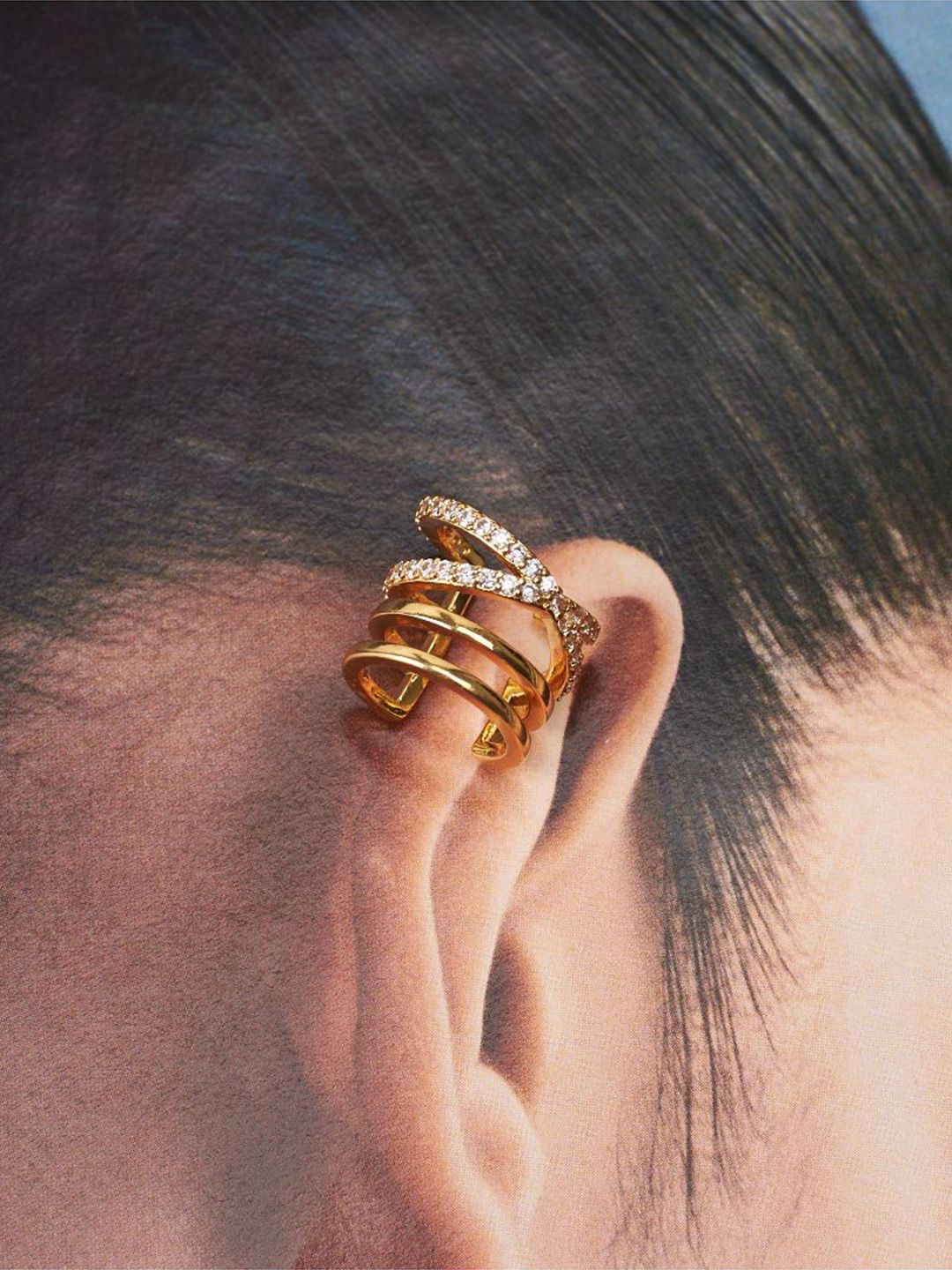 SALTY Silver Gold-Plated Contemporary Artificial Stones Studded Ear Cuff Earrings