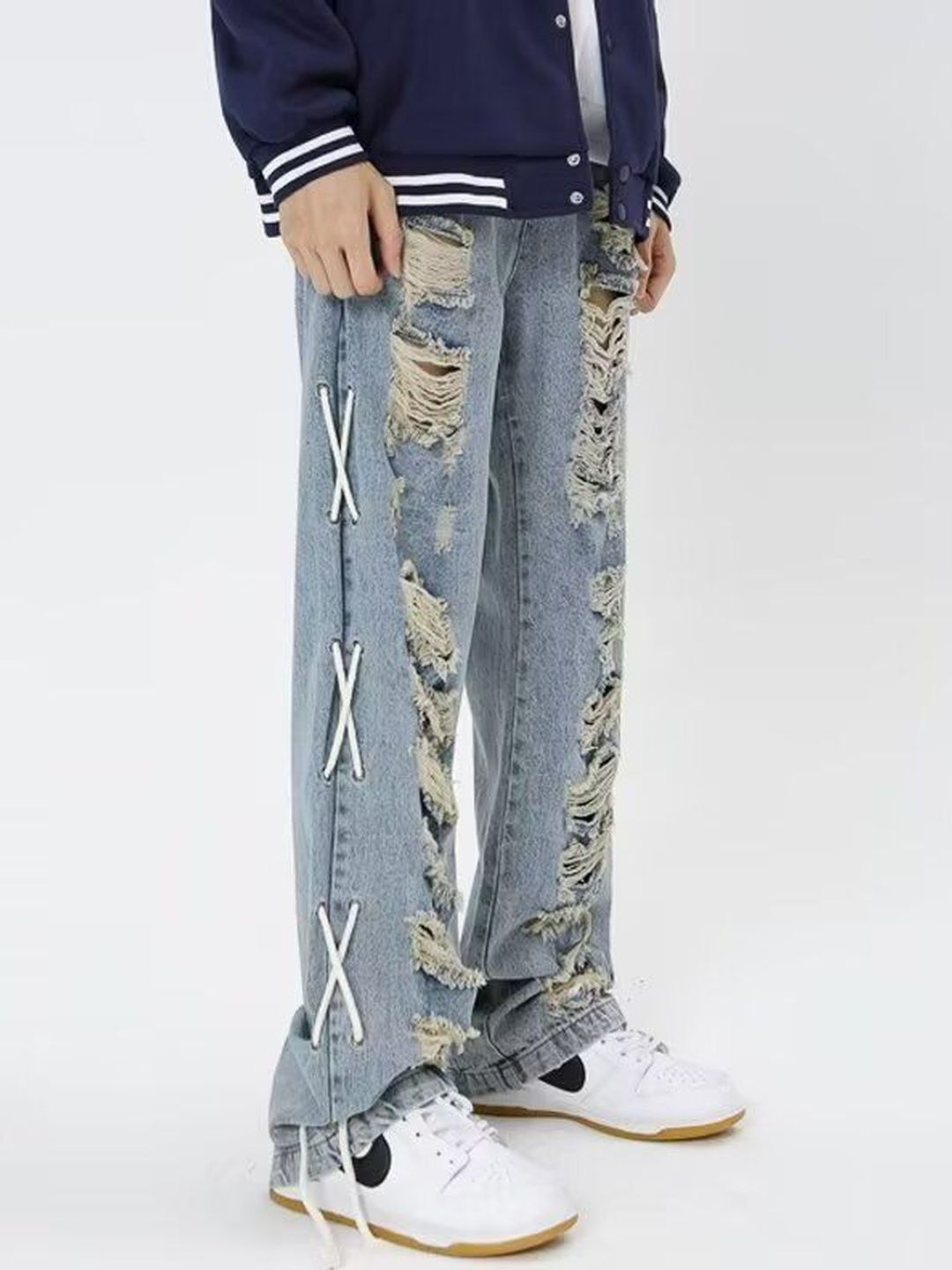 Men Baggy Fit Mid-Rise Highly Distressed Medium Shade Jeans